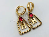 Arete de Lujo - 106021 -Arete Diseñador "H" con Circonia Roja - Oro Laminado 18K