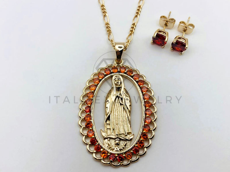 Juego de Lujo - 106228 - Juego Virgen de Guadalupe con Circonia Roja - Oro Laminado 18K