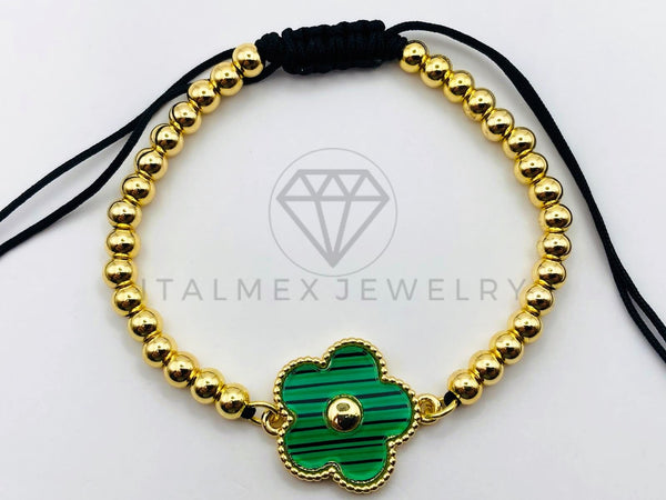 Pulsera Ajustable - 105960 - Diseño de Bola con Flor Verde Oro Laminado 18K