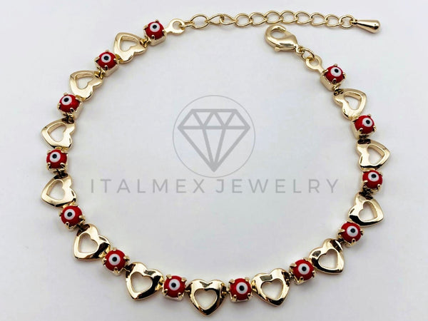 Pulsera de Lujo - 106216 -Pulsera Corazon y Ojo Turco Rojo - Oro Laminado