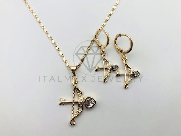 Juego de Lujo - 103659 - Diseño de Arco y Flecha Corazón Circonia Clara - Oro Laminado 18K