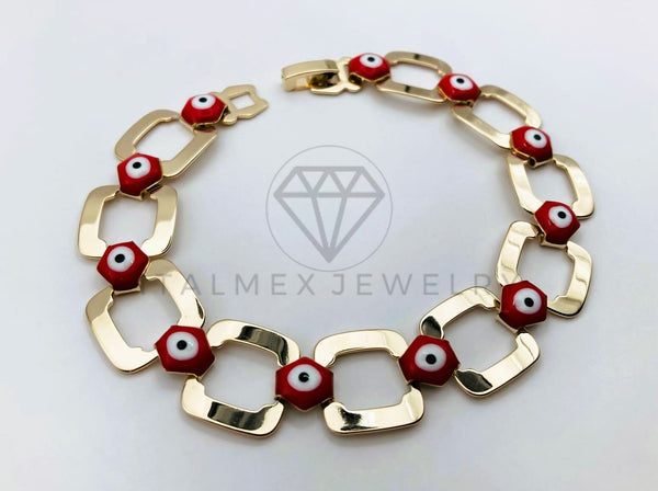 Pulsera de Lujo - 106199 - Pulsera Eslabon y Ojo Turco Rojo - Oro Laminado