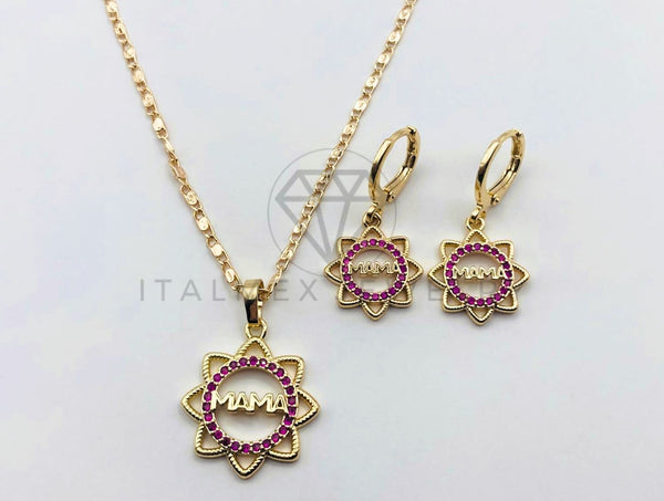 Juego de Lujo - 103657 - Diseño de Flor Mamá Circonia Rosa - Oro Laminado 18K