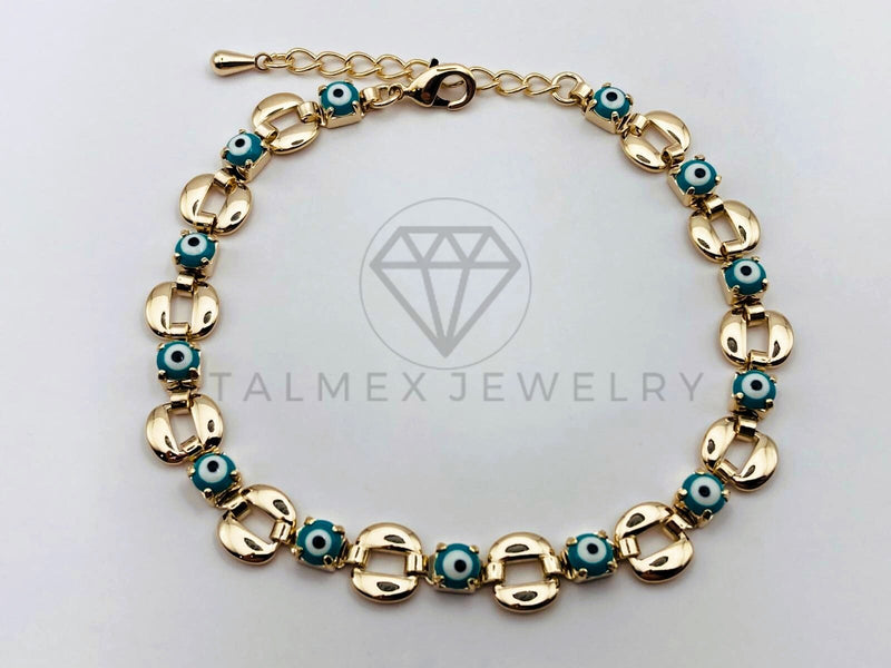 Pulsera de Lujo - 106218 -Pulsera Eslabon O y Ojo Turco Azul - Oro Laminado