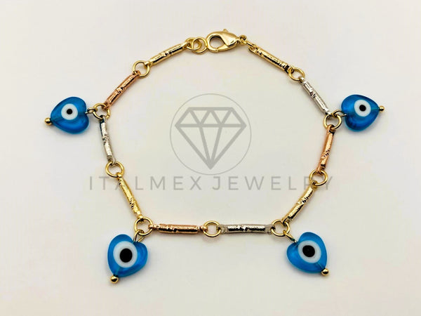 Pulsera de Lujo - 106210 -Pulsera Barras y Corazon con Ojo Turco azul- Oro Laminado