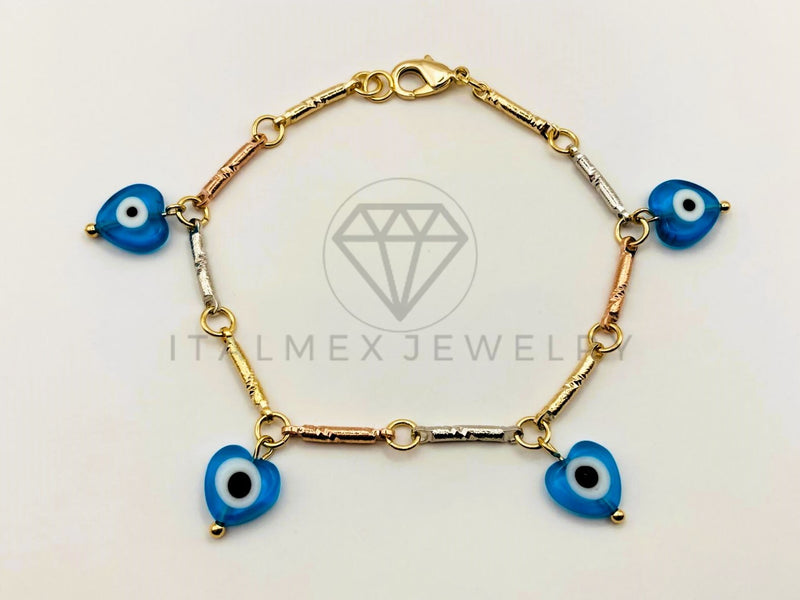 Pulsera de Lujo - 106210 -Pulsera Barras y Corazon con Ojo Turco azul- Oro Laminado