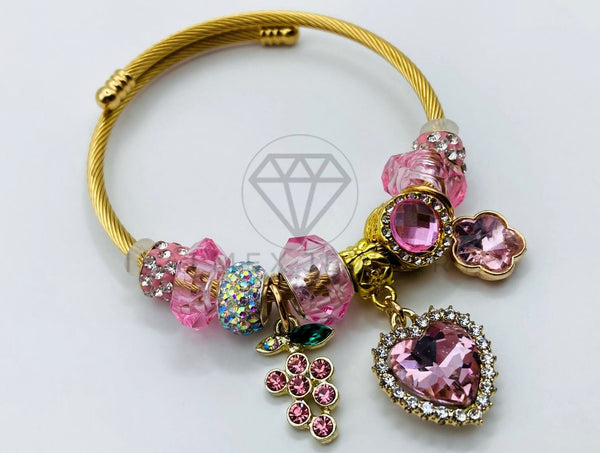 Pulsera de Lujo - 105852 - Pulsera PDR Corazon y Cerezas Circonia Rosa Oro Laminado 18K