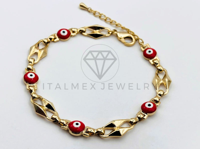 Pulsera de Lujo - 106220 -Pulsera Eslabon y Ojo Turco Rojo - Oro Laminado