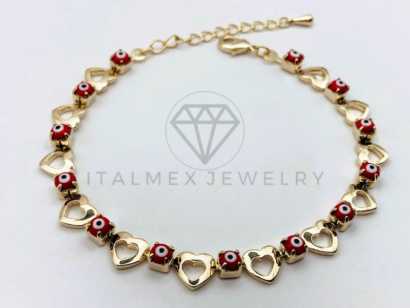 Pulsera de Lujo - 106216 -Pulsera Corazon y Ojo Turco Rojo - Oro Laminado