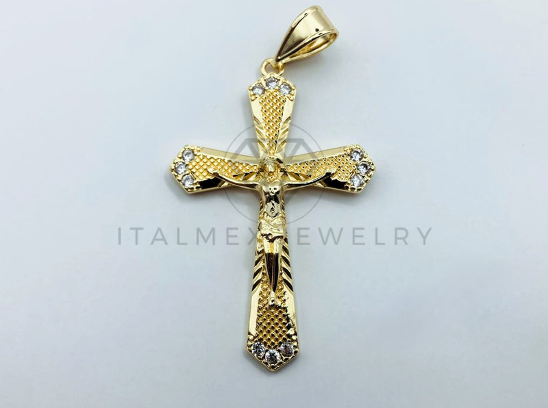 Dije de Lujo - 105709 - Dije Cruz Cristo con Circonia Clara Mediano Oro Laminado 18K