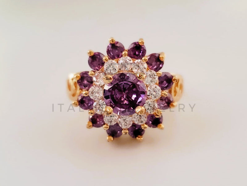 Anillo de Dama - 105386 - Anillo Flor con Circonia Morada Oro Laminado 18K