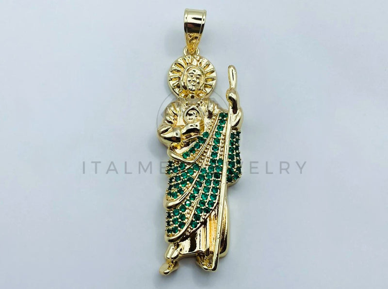 Dije de Lujo - 105694 - Dije San Judas Circonia Verde Grande Oro Laminado 18K