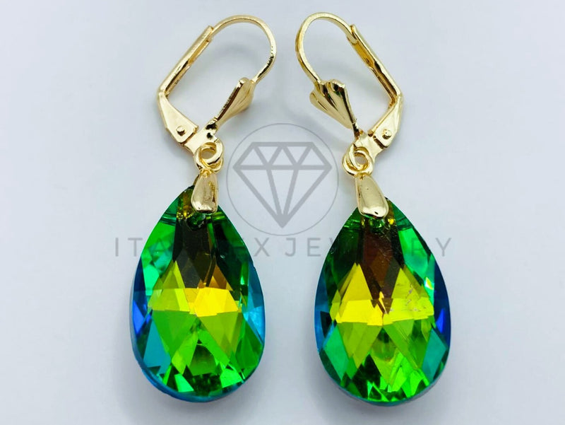 Arete de Lujo - 105776 - Arete Gota y Circonia Verde Tornasol Oro Laminado 18K