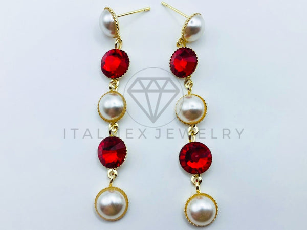 Arete de Lujo - 105774 - Arete Tira de Perlas y Circonia Roja Oro Laminado 18K