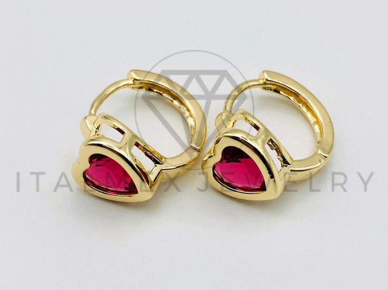 Arete de Lujo - 105608 - Huggie Corazon Circonia Roja Oro Laminado 18K