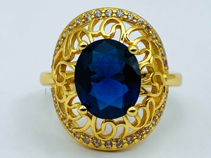 Anillo de Dama - 105764 - Anillo Solitario Floral Circonia Azul Oro Laminado 18K