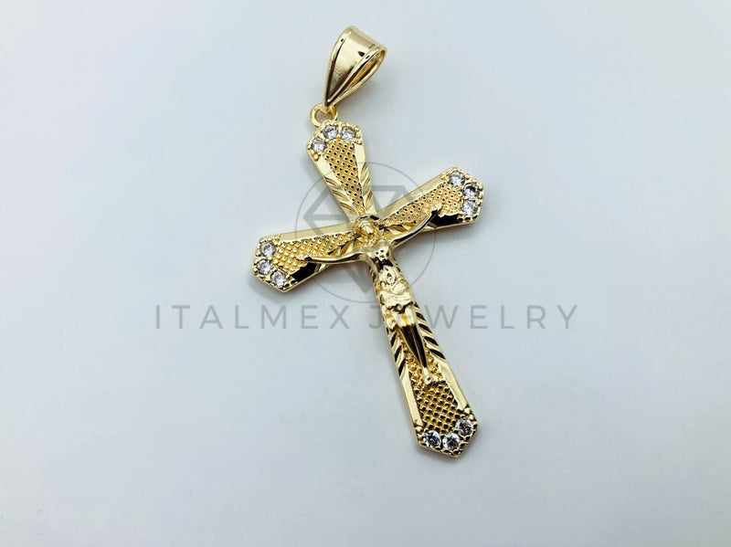 Dije de Lujo - 105709 - Dije Cruz Cristo con Circonia Clara Mediano Oro Laminado 18K