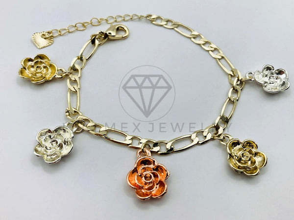 Pulsera de Lujo - 105805 - Pulsera Charms Rosas 3 Tonos Oro Laminado 18K