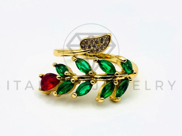 Anillo de Dama - 105584 - Anillo Hoja y Flor Circonia Verde y Roja Oro Laminado 18K