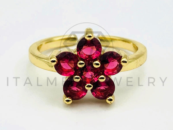 Anillo de Dama - 105587 - Anillo Flor con Circonia Roja Oro Laminado 18K