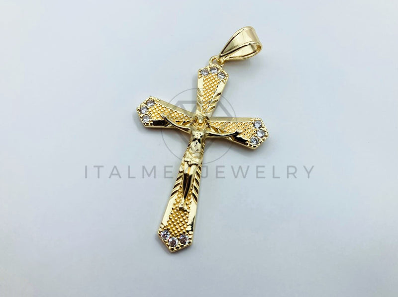 Dije de Lujo - 105709 - Dije Cruz Cristo con Circonia Clara Mediano Oro Laminado 18K