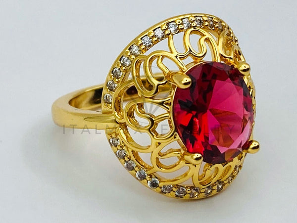 Anillo de Dama - 105763 - Anillo Solitario Floral Circonia Roja Oro Laminado 18K