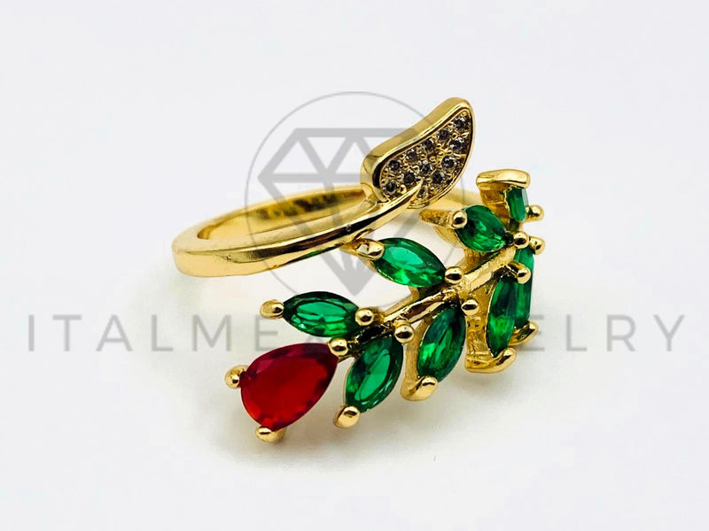 Anillo de Dama - 105584 - Anillo Hoja y Flor Circonia Verde y Roja Oro Laminado 18K