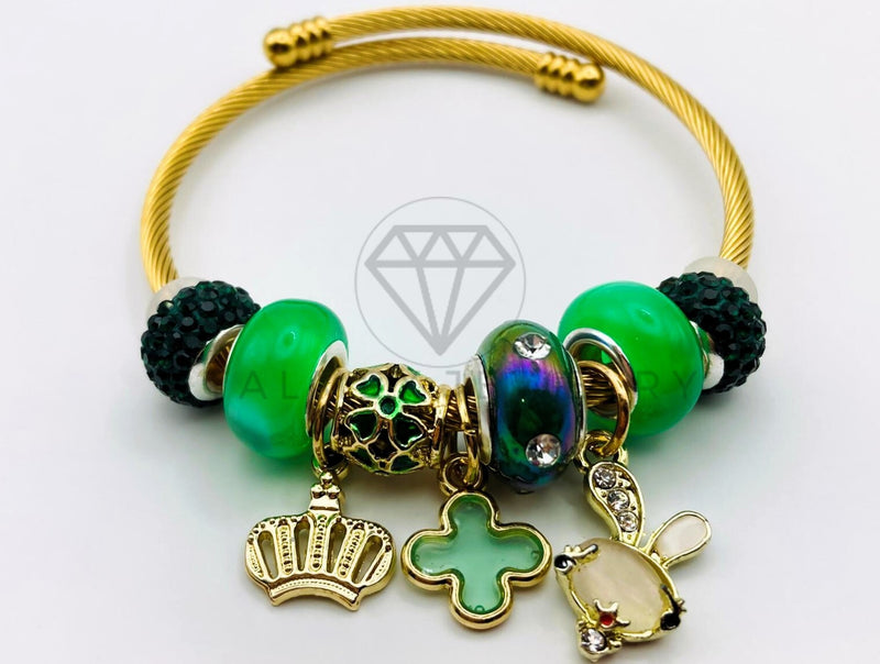 Pulsera de Lujo - 105657 - Pulsera PDR Conejito y Flor Verdes Oro Laminado 18K