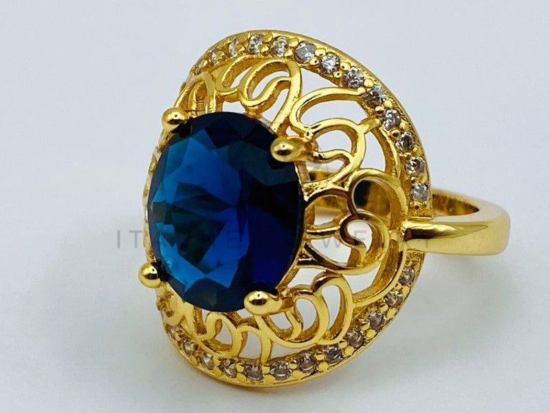 Anillo de Dama - 105764 - Anillo Solitario Floral Circonia Azul Oro Laminado 18K