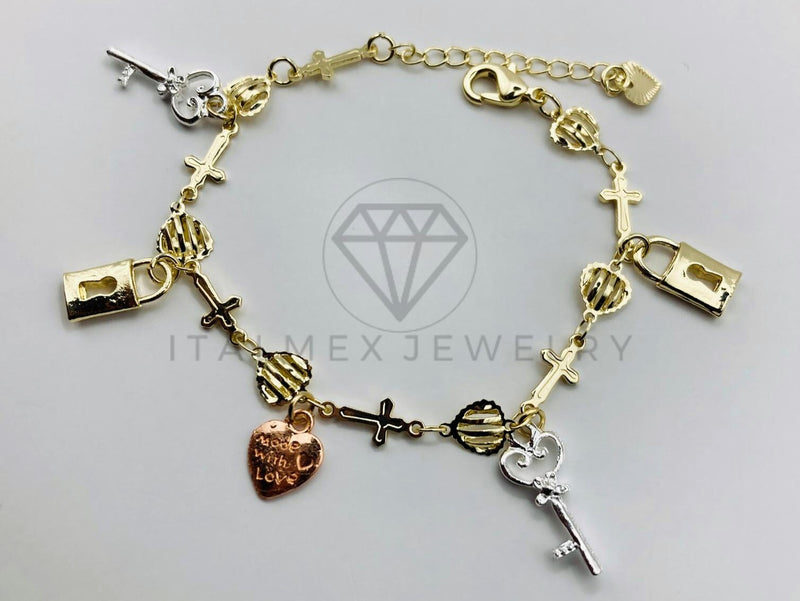 Pulsera de Lujo - 105808 - Pulsera Charms Llave y Candados 3 Tonos Oro Laminado 18K