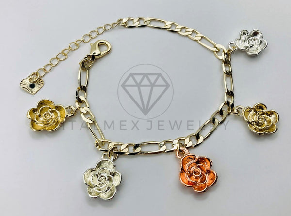 Pulsera de Lujo - 105805 - Pulsera Charms Rosas 3 Tonos Oro Laminado 18K