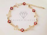 Pulsera de Lujo - 105287 - Pulsera Cruz y Ojo Turco Rojo Oro Laminado 18K