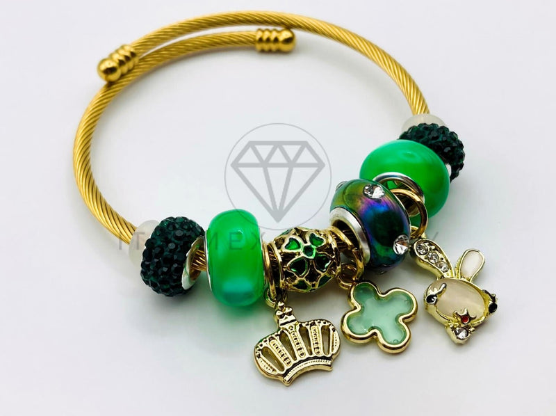 Pulsera de Lujo - 105657 - Pulsera PDR Conejito y Flor Verdes Oro Laminado 18K