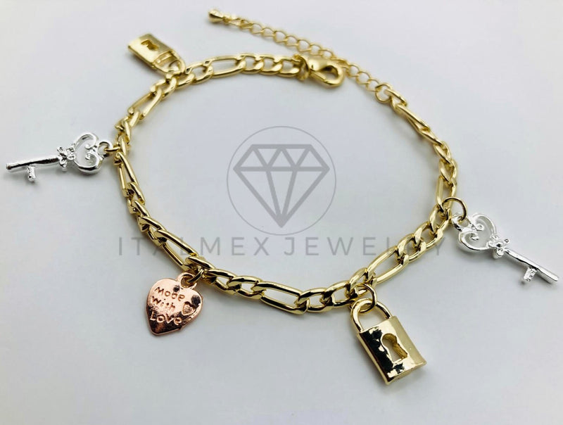 Pulsera de Lujo - 105806 - Pulsera Charms Llave y Candado 3 Tonos Oro Laminado 18K