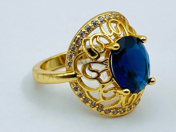 Anillo de Dama - 105764 - Anillo Solitario Floral Circonia Azul Oro Laminado 18K