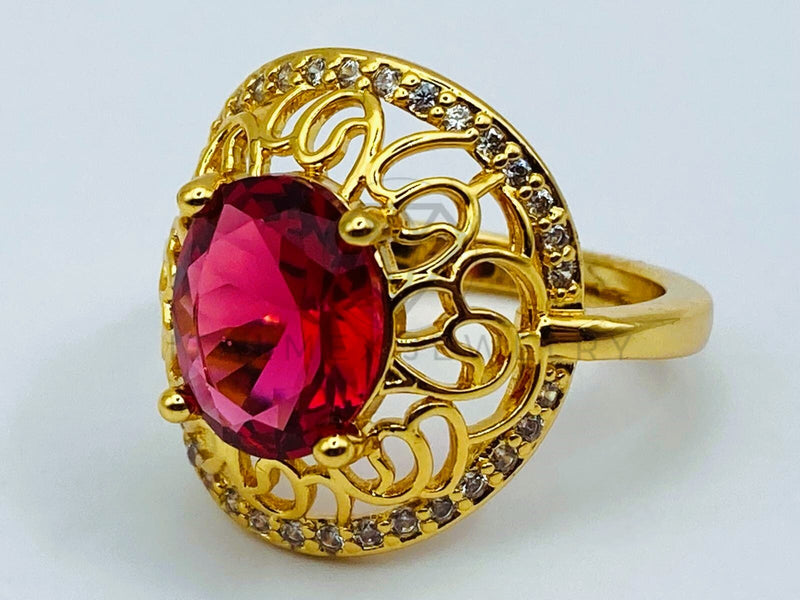 Anillo de Dama - 105763 - Anillo Solitario Floral Circonia Roja Oro Laminado 18K