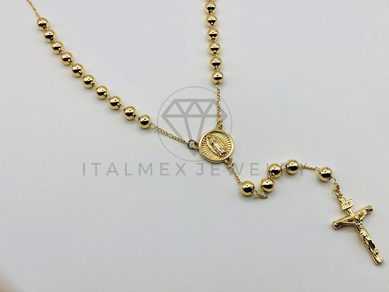 Collar Elegante - 105520 - Rosario Bola Lisa 6mm Dije Virgen de Guadalupe Oro Laminado 18K