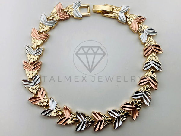 Pulsera de Lujo - 105637 - Pulsera Eslabon Mariposas Tres Oros Oro Laminado 18K