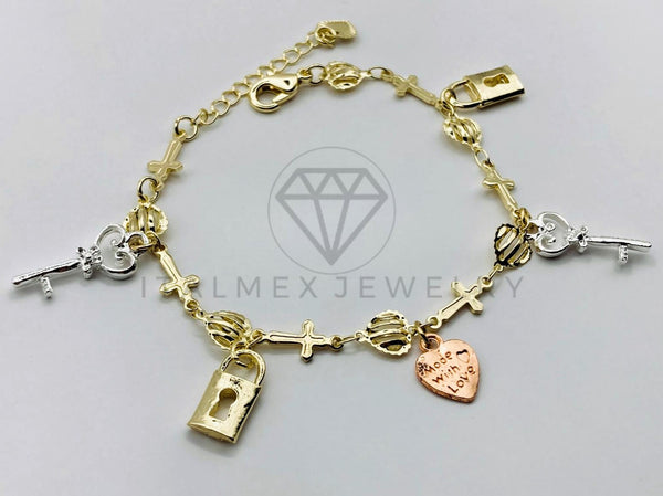 Pulsera de Lujo - 105808 - Pulsera Charms Llave y Candados 3 Tonos Oro Laminado 18K