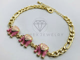 Pulsera de Lujo - 105809 - Pulsera Figaro 3 Elefantes Rosas Oro Laminado 18K