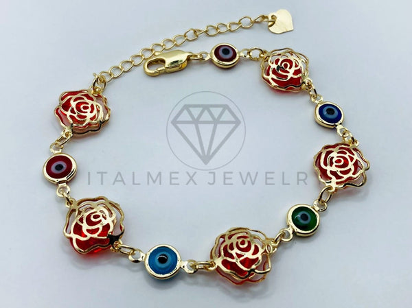 Pulsera de Lujo - 105815 - Pulsera Rosas Rojas y Ojo Turco Oro Laminado 18K