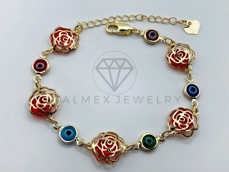 Pulsera de Lujo - 105815 - Pulsera Rosas Rojas y Ojo Turco Oro Laminado 18K