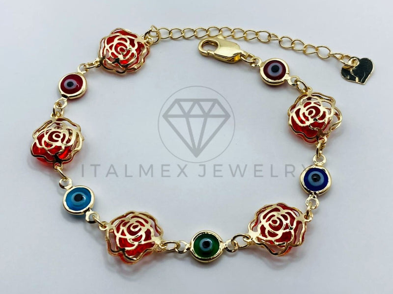 Pulsera de Lujo - 105815 - Pulsera Rosas Rojas y Ojo Turco Oro Laminado 18K