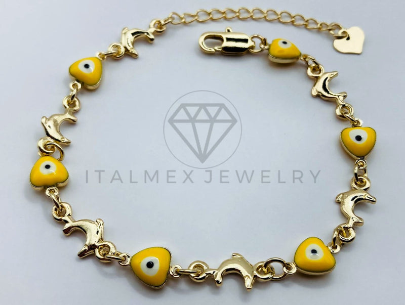 Pulsera de Lujo - 105816 - Pulsera Delfines y Ojo Turco Corazon Amarillo Oro Laminado 18K