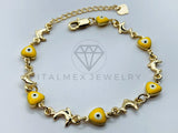 Pulsera de Lujo - 105816 - Pulsera Delfines y Ojo Turco Corazon Amarillo Oro Laminado 18K