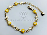 Pulsera de Lujo - 105816 - Pulsera Delfines y Ojo Turco Corazon Amarillo Oro Laminado 18K