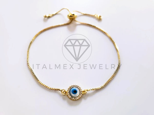 Pulsera de Lujo - 103729 - Diseño Ajustable Ojo Turco Perla Madre CZ Clara Oro Laminado 18K