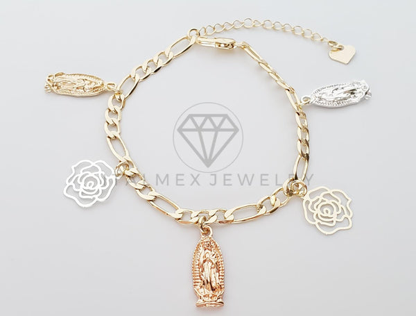 Pulsera Elegante - 100157 - Diseño de Virgen y Rosas 3 Oros Oro Laminado 18K