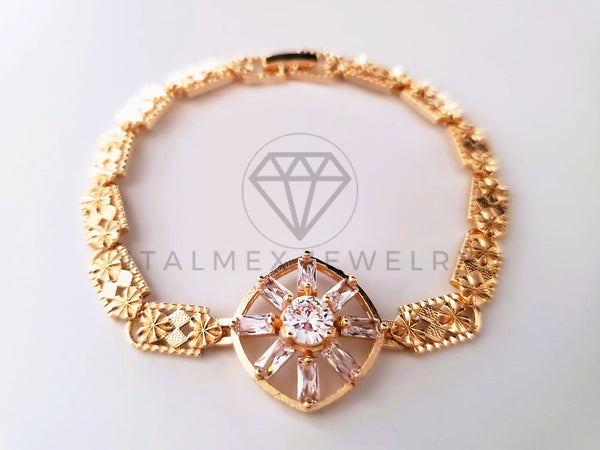 Pulsera de Lujo - 103701 - Diseño de Flores CZ Baguette Clara Oro Laminado 18K