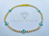 Pulsera Elegante - 103575 - Pulsera Tira CZ Clara y Ojo Turco Azul Oro Laminado 18K